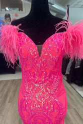 Glittering Glamour Mermaid Off the Shoulder Hot Pink/Blue Long Prom Dress with Feather